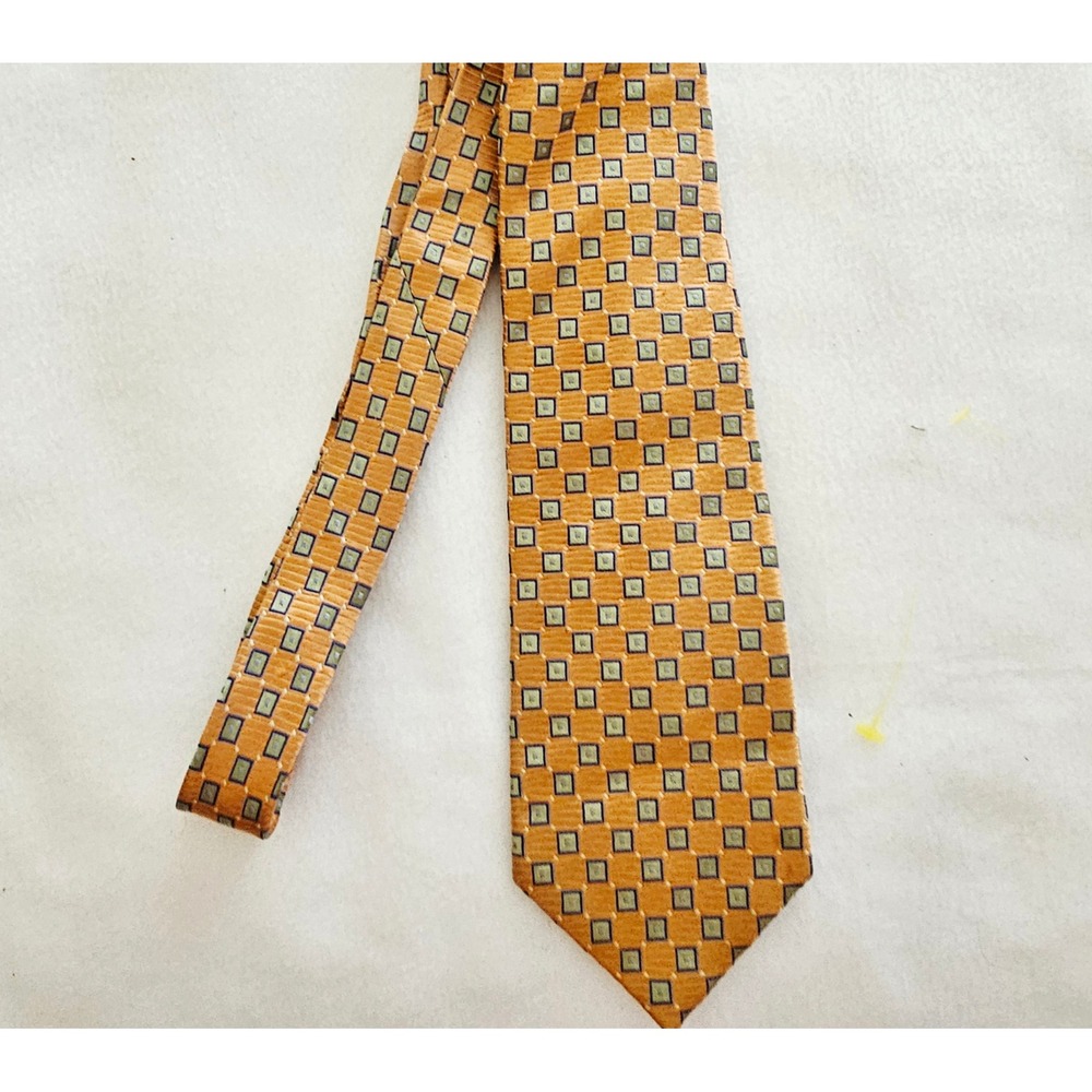 Zianetti Mens Silk Necktie Orange Blue Green Geometric Square Pattern Silk Tie